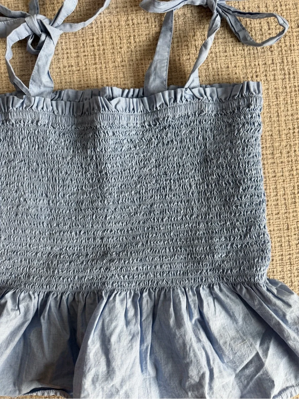J. Crew Light Blue Smocked Tie-Shoulder Top